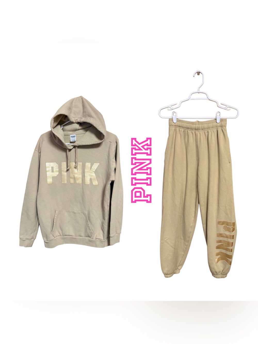 🤍 PINK Platinum Campus Set XS | Cozy Cream Hoodie & Skinny Joggers